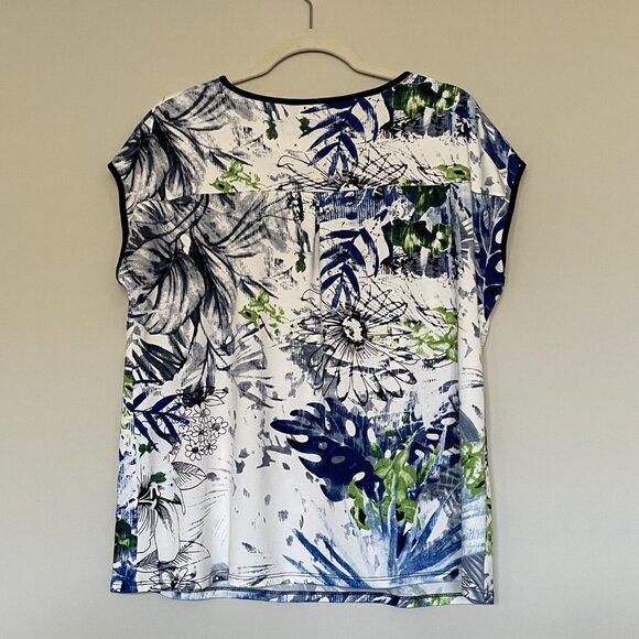 Flowy Summer Lightweight Round Neck Short Sleeve Top Blue Leaves XL - Picture 3 of 4